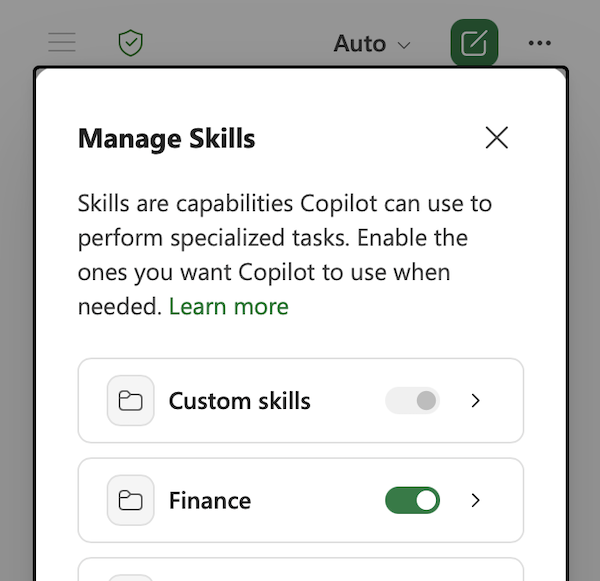 Excel'de Copilot Becerileri yönet iletişim kutusunun ekran görüntüsü.