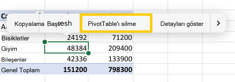 iPad'de bağlam menüsünden PivotTable seçeneğini silin.