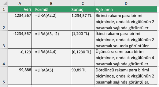 LİRA işlevinin örnekleri
