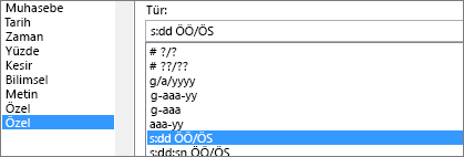 Hücreleri Biçimlendir iletişim kutusu, Özel komut, s:dd ÖÖ/ÖS türü