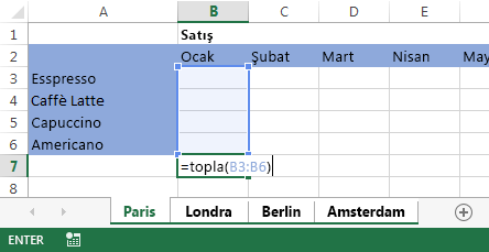 Paris çalışma sayfasındaki formül.