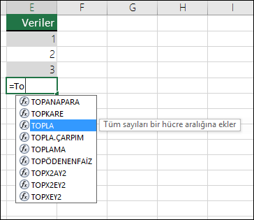 Excel Formülü Otomatik Tamamlama