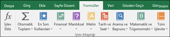 Şeritteki Excel Formülleri sekmesi