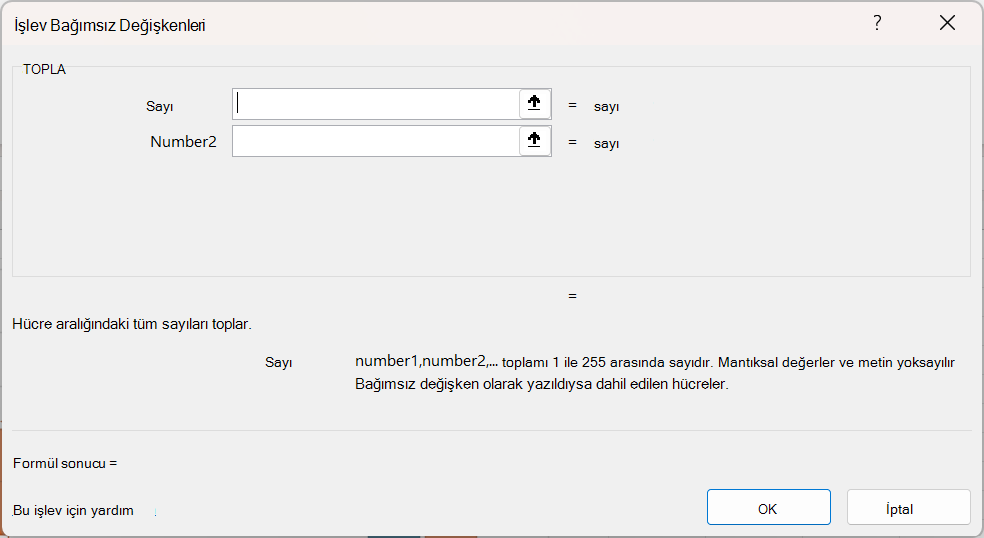 Excel işlevinin bağımsız değişkenleri iletişim kutusu