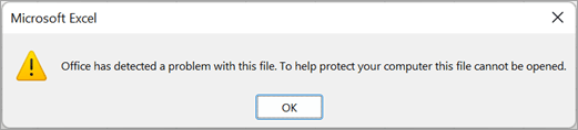 Excel'in bu dosyayla ilgili bir sorun algıladığını ve açılamadığını bildiren iletişim kutusu.