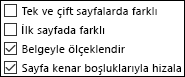 Sayfa Yapısı iletişim kutusunda üst bilgi ve alt bilgi seçenekleri