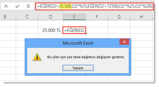Değere virgül eklediğinizde gösterilen Excel iletisi.