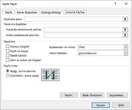 Excel Sayfa Yapısı Sayfa sekmesi seçenekleri