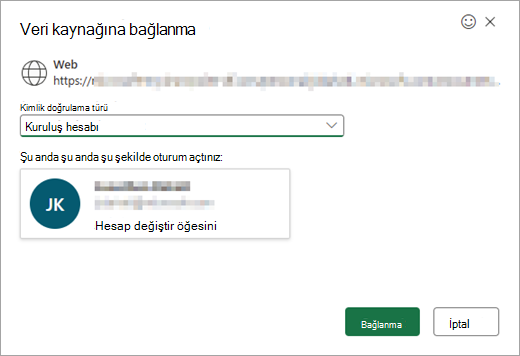 Kimlik doğrulama türünü seçmek için bir açılan listeyle birlikte Veri kaynağına bağlan penceresini gösterir.