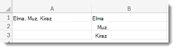 Excel SPLITTEXT işlevi örneği