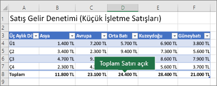 Toplam Satırının etkinleştirildiği Excel tablosu