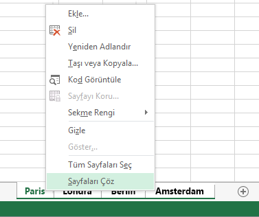 Sağ tıklama menüsünde Sayfaları Çöz seçeneği belirlenmiş.