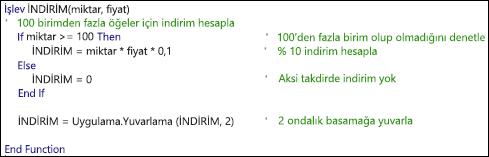 Açıklamalar içeren bir VBA işlevi örneği