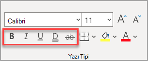 Giriş sekmesinde, efektlerin vurgulandığı Yazı Tipi bölümü.