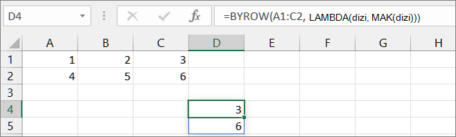 İlk BYROW işlevi örneği