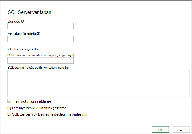 SQL Server Veritabanı iletişim kutusu