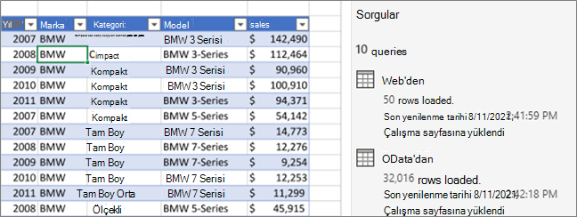 Sorgu görünümü ve Sorgular görev bölmesi
