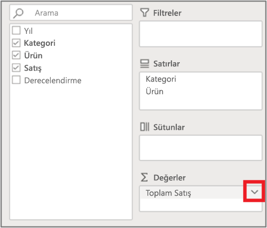 Alan Listesi bölmesindeki Değerler kutusu