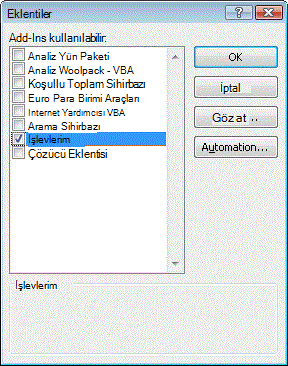 eklentiler iletişim kutusu