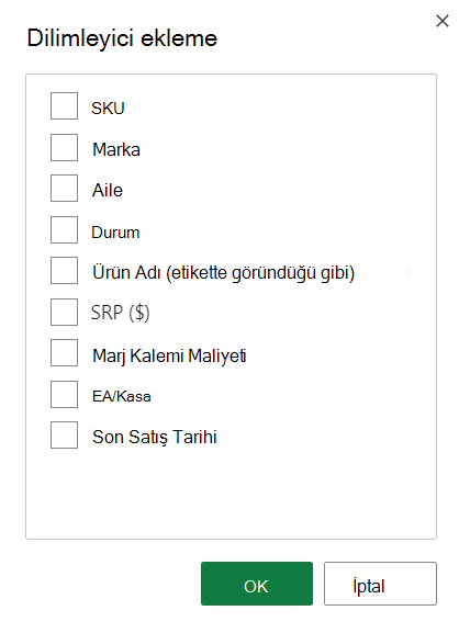Dilimleyici Ekle seçeneklerinin ekran görüntüsü.