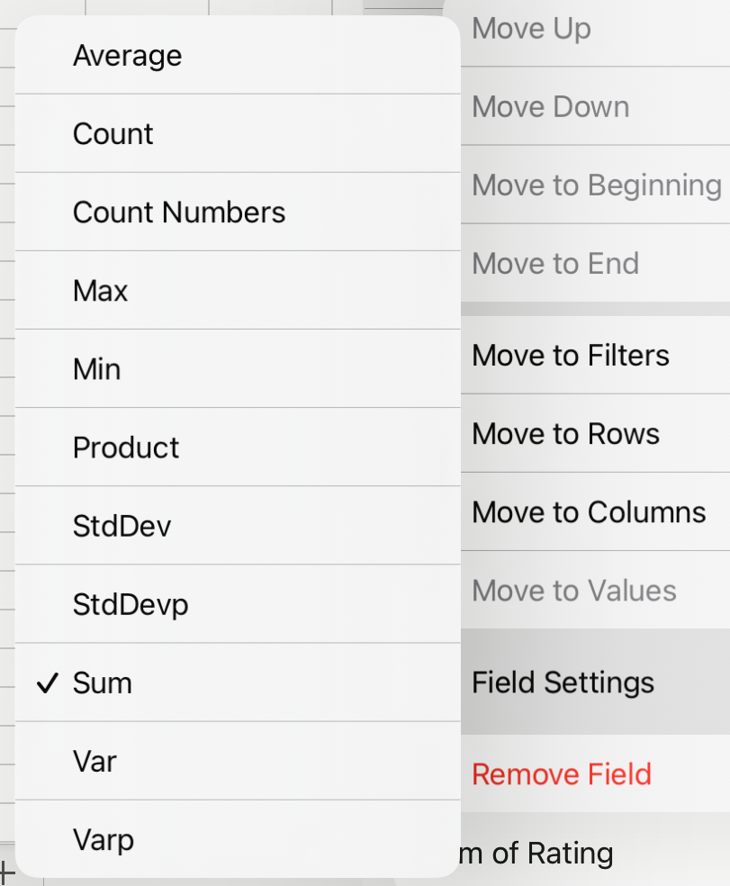 iPad'de PivotTable değeri alanları.