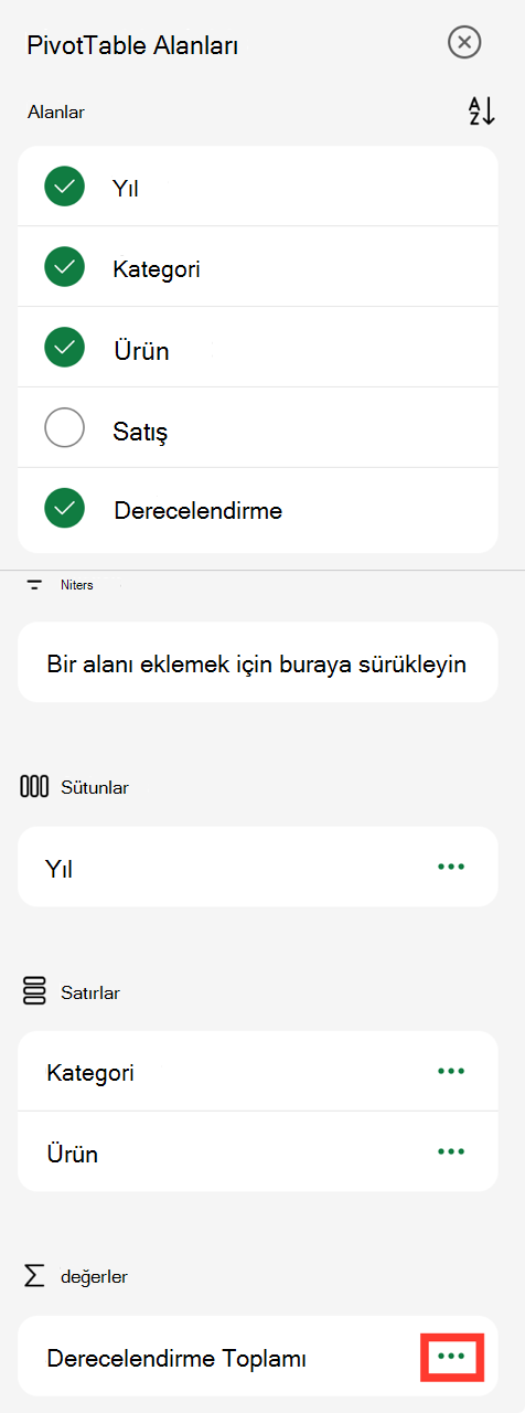 iPad'de PivotTable alan değerleri üç noktası