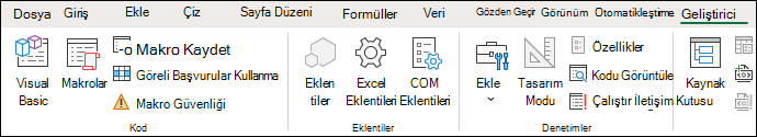 Geliştirici sekmesindeki Kod grubu