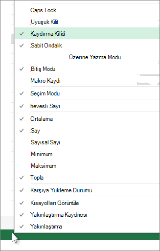 Özelleştirmek için durum çubuğunu sağ tıklatın