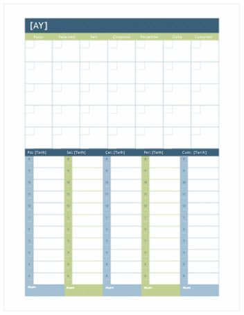 Aylık ve Haftalık Planlama CalendarCalendar (WordWord)