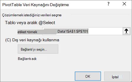 PivotTable Veri Kaynağını Değiştir iletişim kutusu