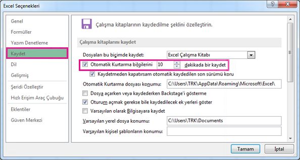 Excel Seçenekleri'nde Kaydet seçeneği