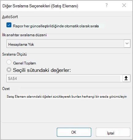 Diğer Sıralama Seçenekleri iletişim kutusu