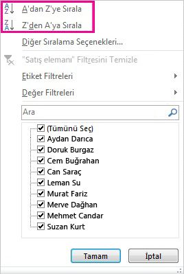 Sırala düğmeleri