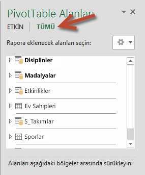 Kullanılabilir tüm tabloları göstermesi için PivotTable Alanları’nda Tümü’nü tıklatın