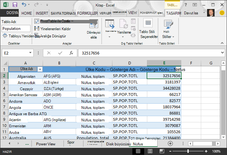 Excel’e getirilen nüfus verileri