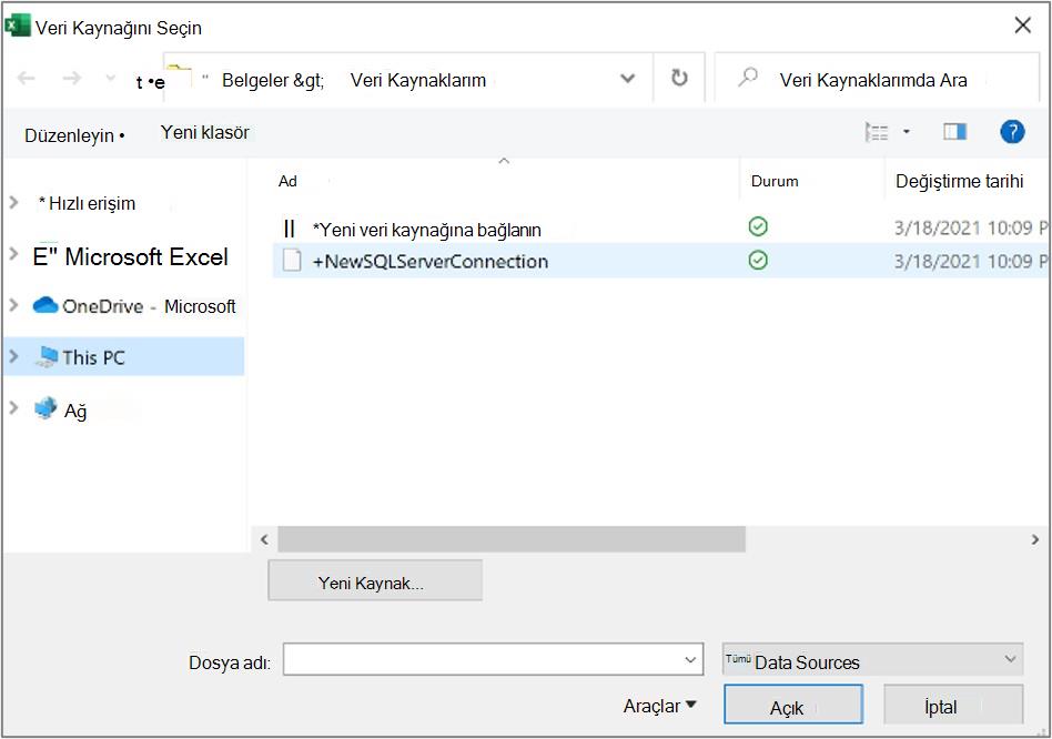 Veri Kaynağını Seç iletişim kutusu