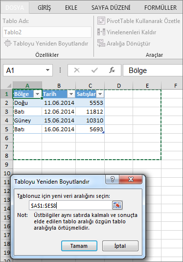 Tabloyu Yeniden Boyutlandır