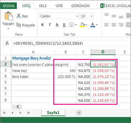 Hücre aralığı, B2:D8, veri tablosudur