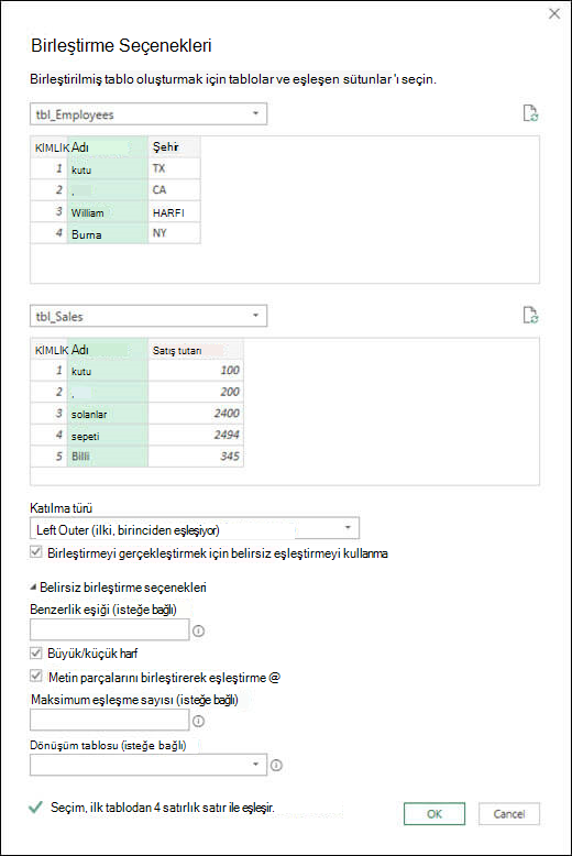 Power QueryPower Query belirsiz birleştirme seçenekleri
