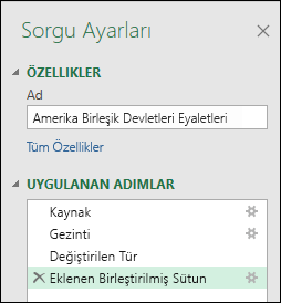 Power Query Örnek uygulanan adımlar penceresinden sütunu birleştirme