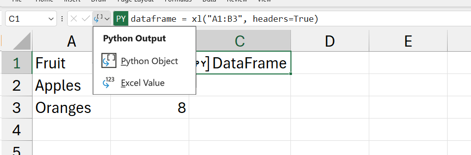 Excel'de açık Python çıkış menüsü.