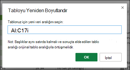 Tabloyu Yeniden Boyutlandır iletişim kutusu