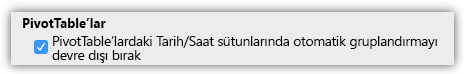 Tarih/Saat sütunlarının otomatik gruplandırmasını devre dışı bırakacak PivotTable seçeneğinin ekran görüntüsü.