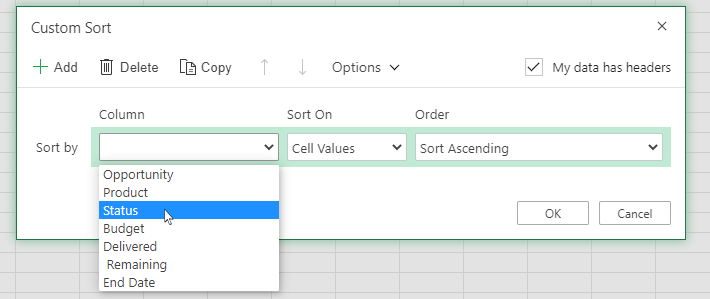 Özel sıralama iletişim kutusunda sütun seçme