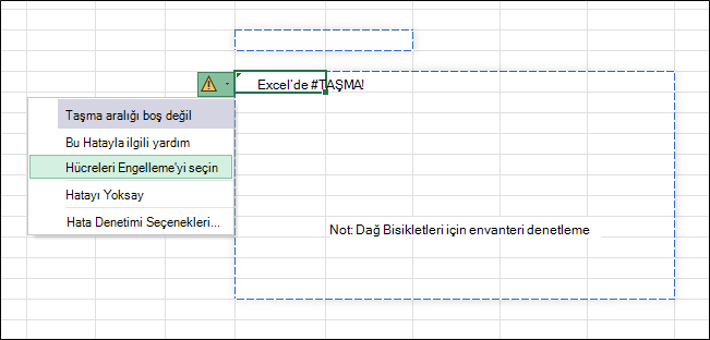 Açık hata menüsünde #SPILL! hatasını gösteren PivotTable. Menü, Engelleyen Hücreleri Seç (vurgulanır) öğesini içerir.