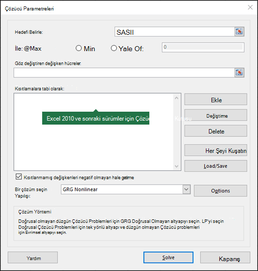 Excel 2010+ Çözücü iletişim kutusunun resmi
