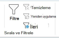 Veri sekmesinin Sırala ve Filtre Uygula bölümünün ekran görüntüsü.