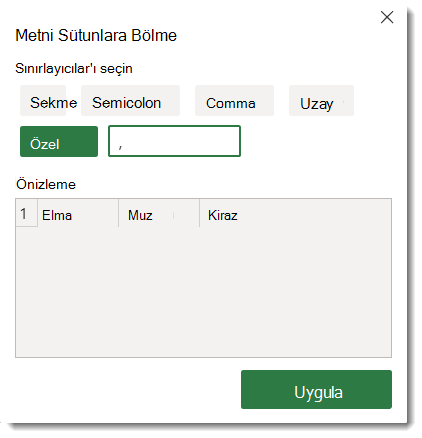 Metni Sütunlara Böl seçenekleri