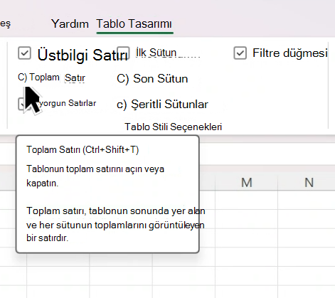 Tablo Tasarımı menüsünde Toplam Satırı onay kutusunun üzerindeki imleç