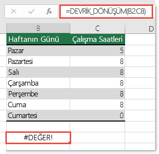 DEVRİK_DÖNÜŞÜM işlevinde #DEĞER! hatası